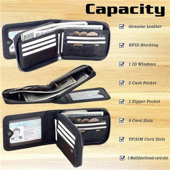 Men's Genuine Leather Bifold Zip-around Wallet Black - Picture 4 of 5